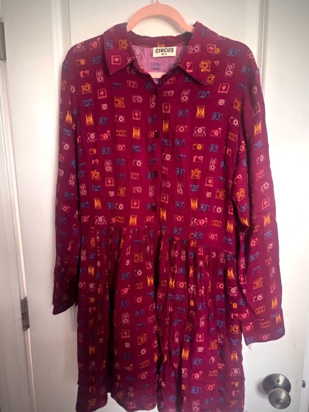 Sam Edelman Circus Burgundy Camera Print Shirt Dress Size 14 EUC